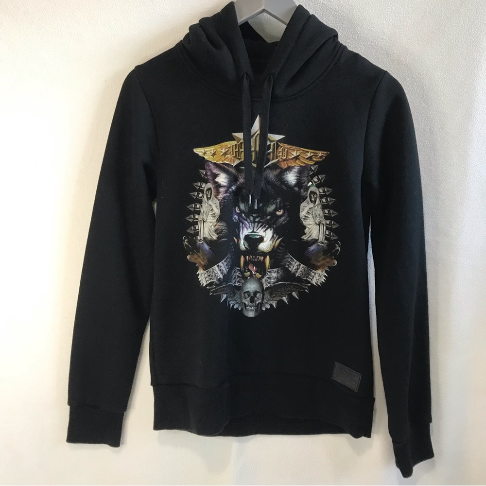 Musium Div black unisex scull wolf graphic hoodie size approx XS